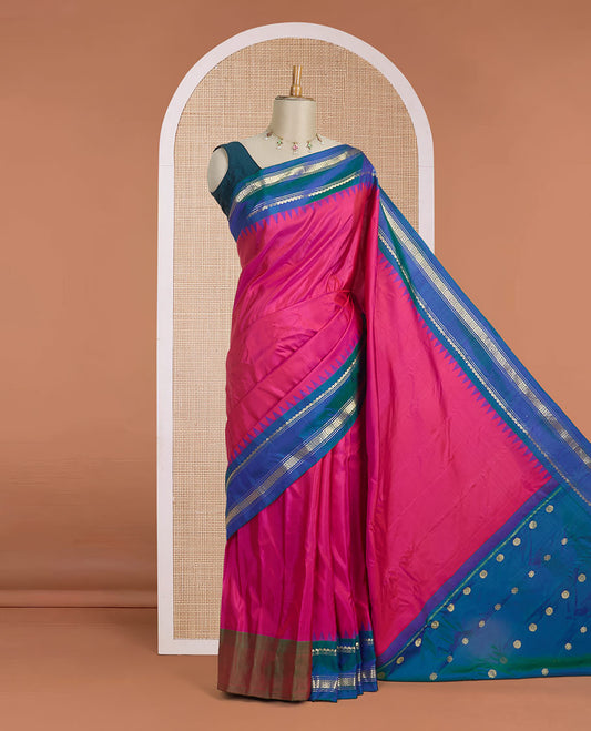 Pink plain design gadwal silk saree, contrast rettai pettu traditional zari design border & pallu of chakram designs