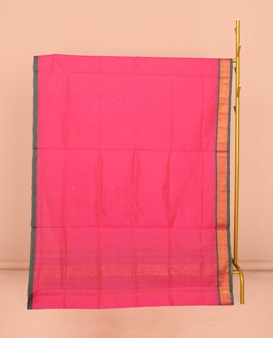 Pink Venkatagiri Cotton Saree Steeped with Buttas, a Contrast Zari-Thread Border, Pallu of Stripes, and No Blouse