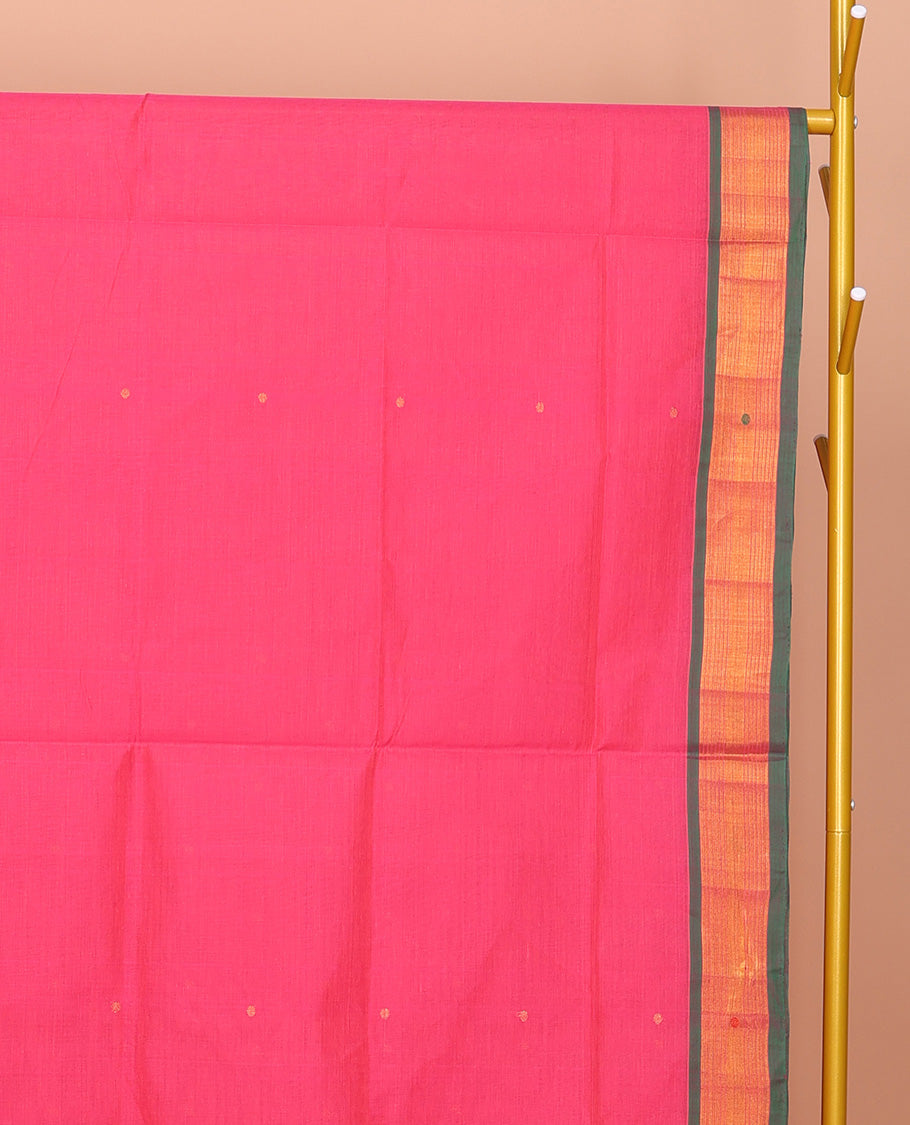 Pink Venkatagiri Cotton Saree Steeped with Buttas, a Contrast Zari-Thread Border, Pallu of Stripes, and No Blouse