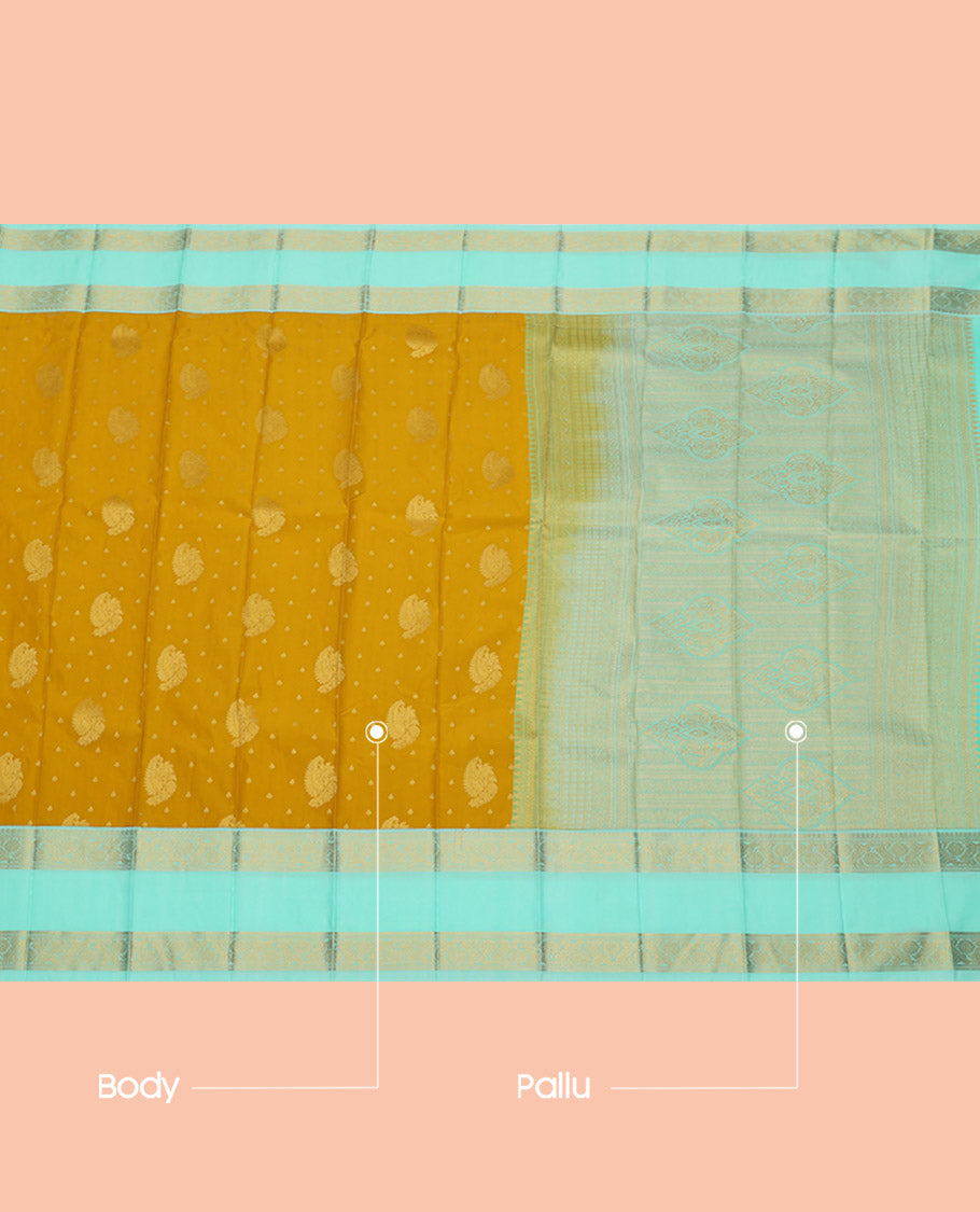 Yellow Budget Silk Saree, Subtly Sparkled with Zari Buttas, Complemented by a Contrast Traditional Zari Rettai Pettu Border, Grand Pallu, and a Contrast Blouse