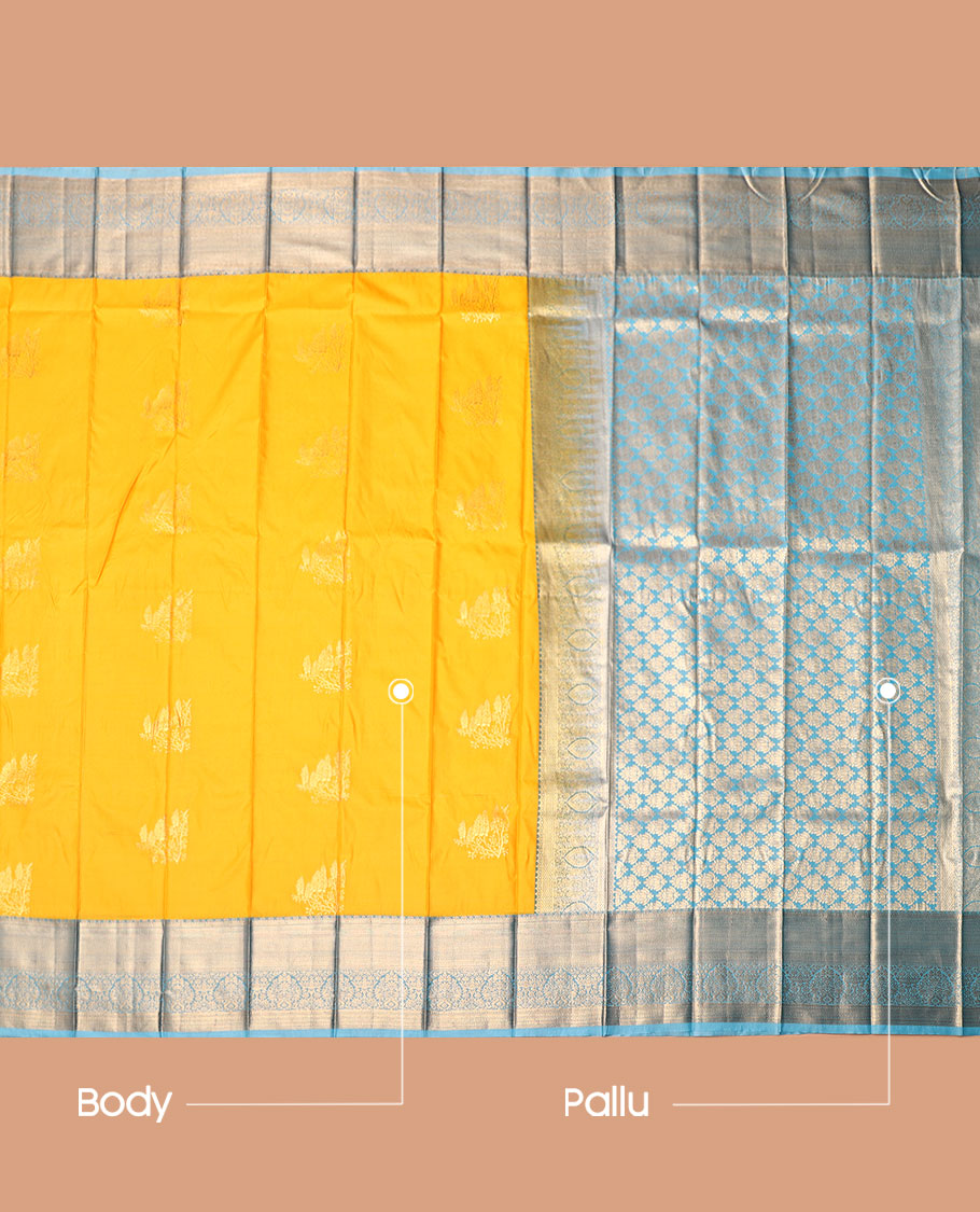 Yellow Budget Silk Saree, Spotlighted with Zari Buttas, Complemented by Contrast Traditional Zari Border, a Grand Pallu and a Contrast Blouse