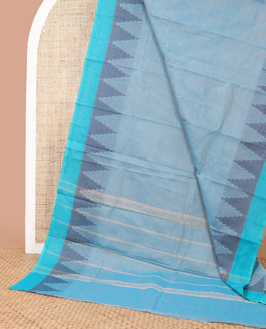 Blue chettinad cotton saree with contrast temple border & striped pallu