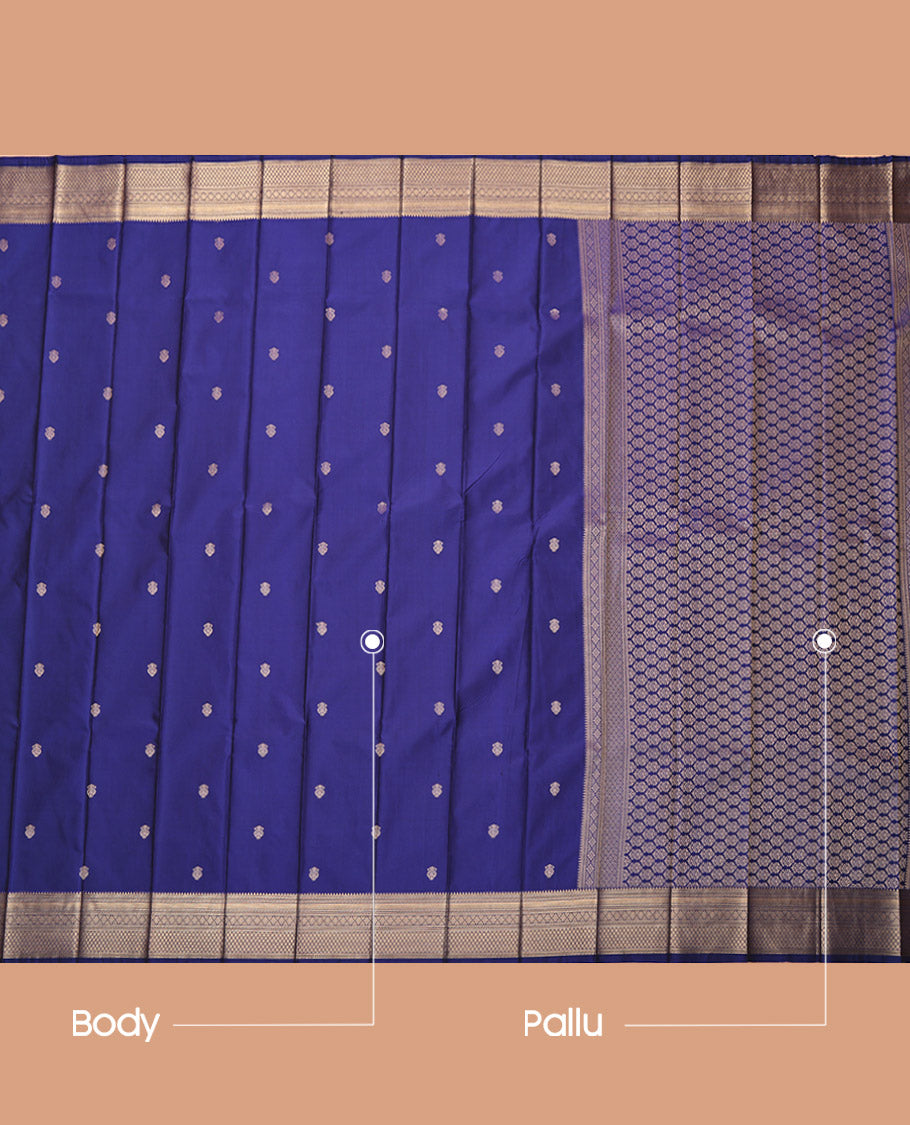 Navy Blue Budget Silk Saree, Delicately Woven with Zari Buttas, Highlighted by a Traditional Zari Border, Intricate Pallu, and a Matching Blouse