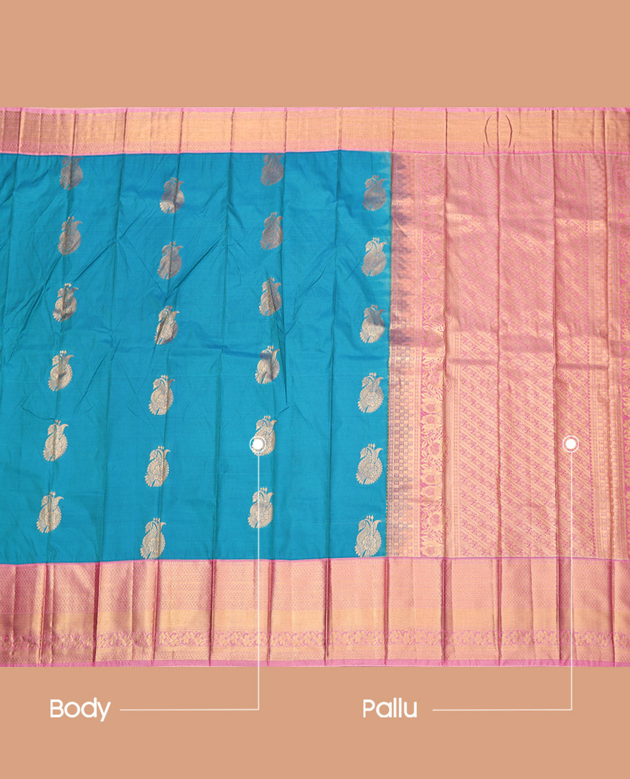 Blue Budget Silk Saree, Woven with Zari Buttas, Complemented by a Contrast Traditional Border, Grand Pallu, and a Contrast Blouse