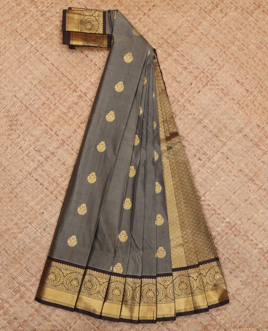 Grey Budget Silk Saree, Spotlighted with Zari Buttas and Stripes, Complemented by Contrast Traditional Zari Border, a Jaal Pallu and a Contrast Blouse