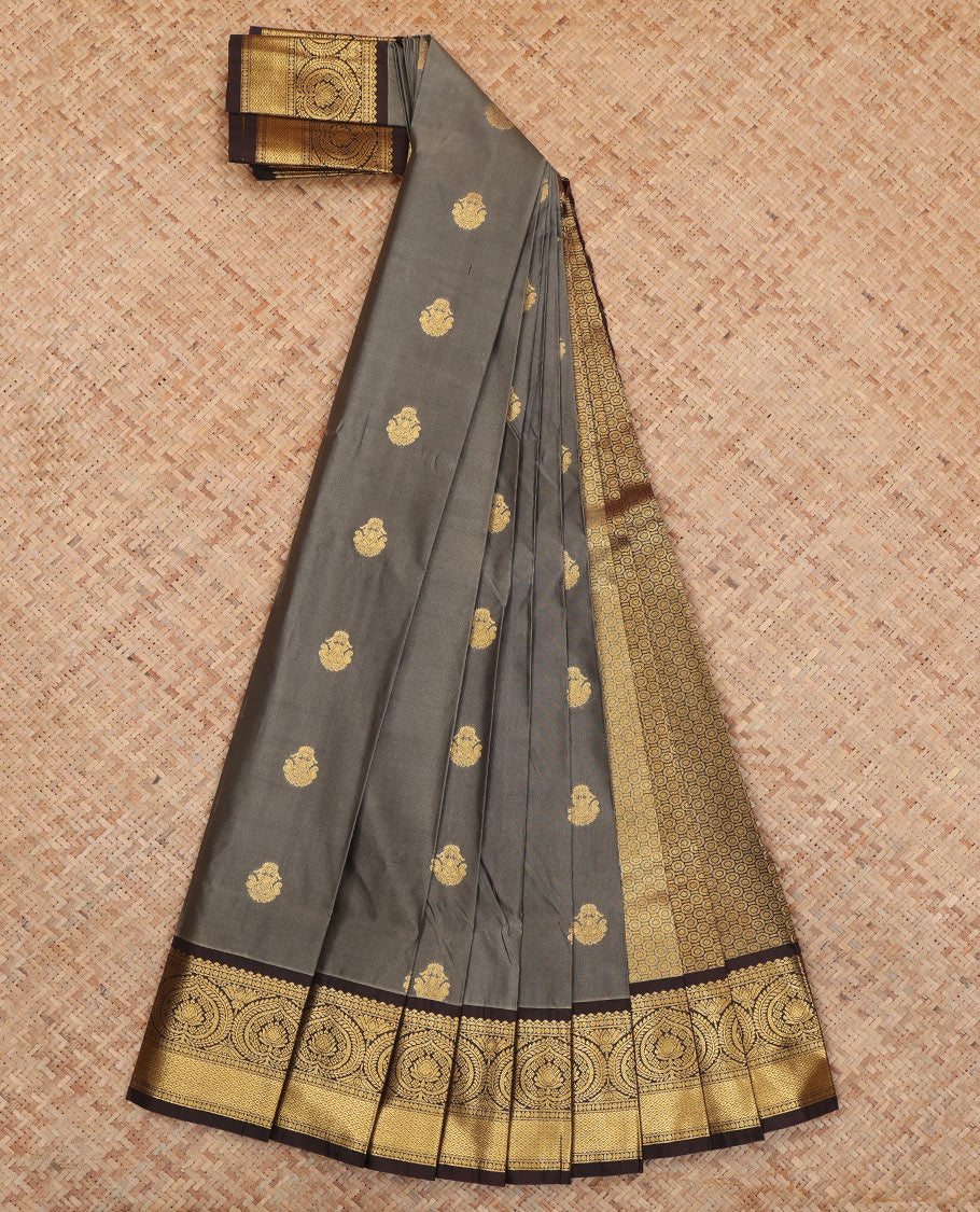 Grey Budget Silk Saree, Spotlighted with Zari Buttas and Stripes, Complemented by Contrast Traditional Zari Border, a Jaal Pallu and a Contrast Blouse