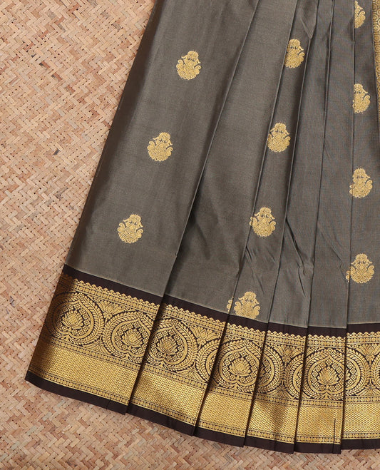Grey Budget Silk Saree, Spotlighted with Zari Buttas and Stripes, Complemented by Contrast Traditional Zari Border, a Jaal Pallu and a Contrast Blouse