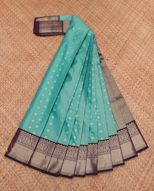 Green Budget Silk Saree, Bedecked with Zari Buttas and Checks, Complemented by a Contrast Traditional Zari Border, Grand Pallu, and a Contrast Blouse