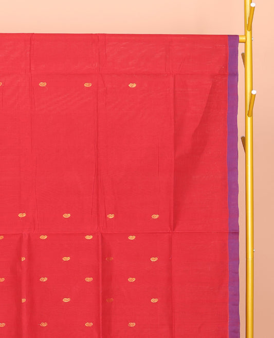 Red Venkatagiri Cotton Saree Steeped with Buttas, a Contrast Zari-Thread Border, Pallu of Stripes, and No Blouse