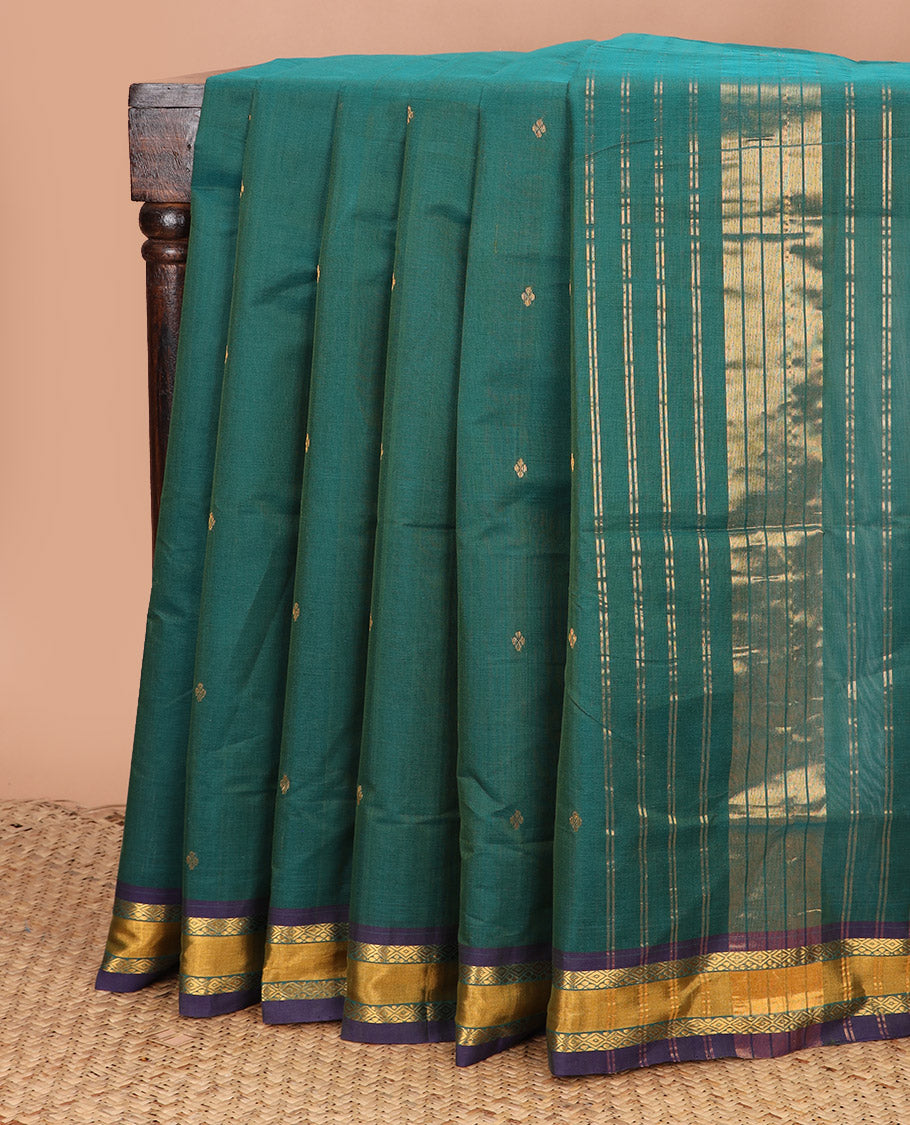 Green zari buttas Venkatagiri cotton saree, contrast traditional zari border, and striped pallu