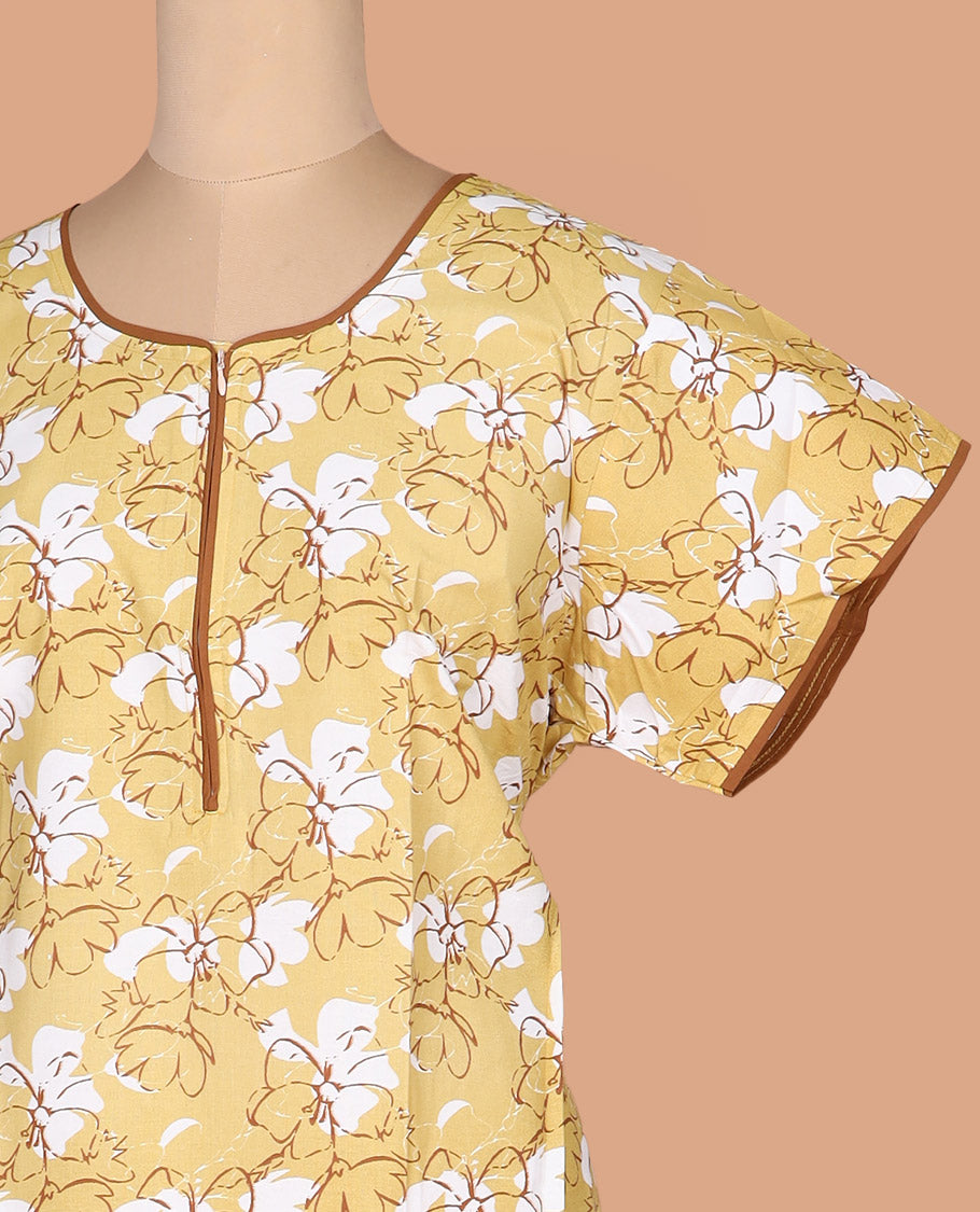 Yellow floral printed round necked half-sleeve cotton nighty