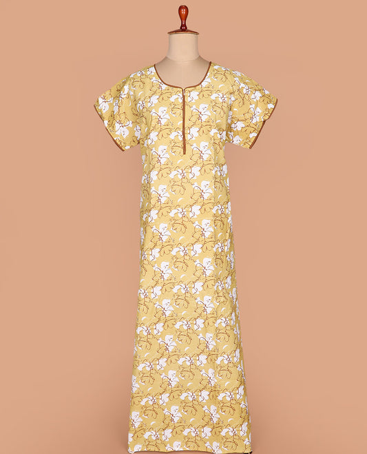 Yellow floral printed round necked half-sleeve cotton nighty