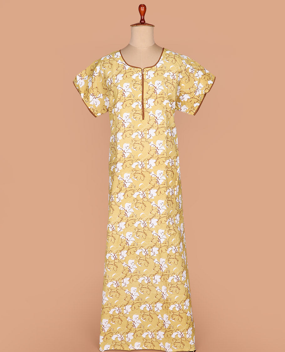 Yellow floral printed round necked half-sleeve cotton nighty
