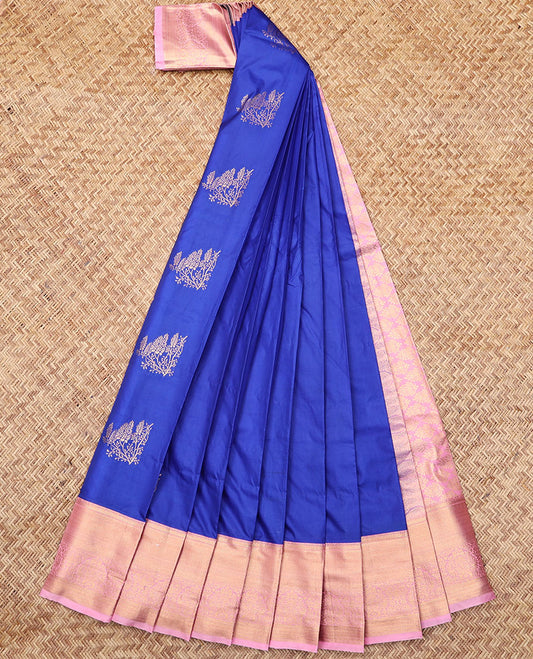 Blue Budget Silk Saree, Dazzled with Zari Buttas, Complemented by Contrast Traditional Zari Border, a Grand Pallu and a Contrast Blouse