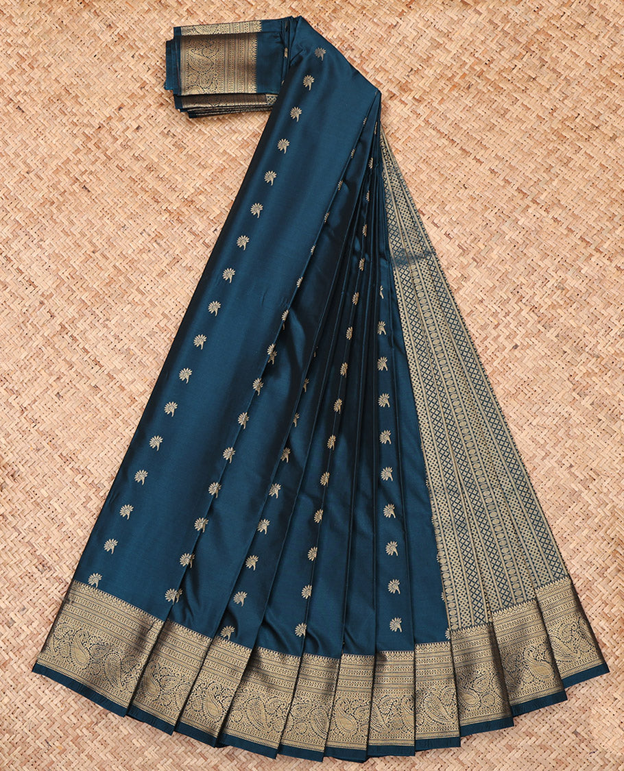 Peacock Blue Budget Silk Saree, Elevated with Zari Buttas, Highlighted by a Traditional Zari Border, Intricate Pallu, and a Matching Blouse