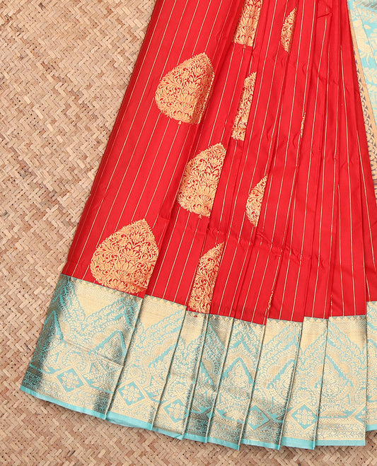 Red Budget Silk Saree, Gleamed Up with Zari Buttas and Stripes, Complemented by a Contrast Traditional Border, Grand Pallu, and a Contrast Blouse