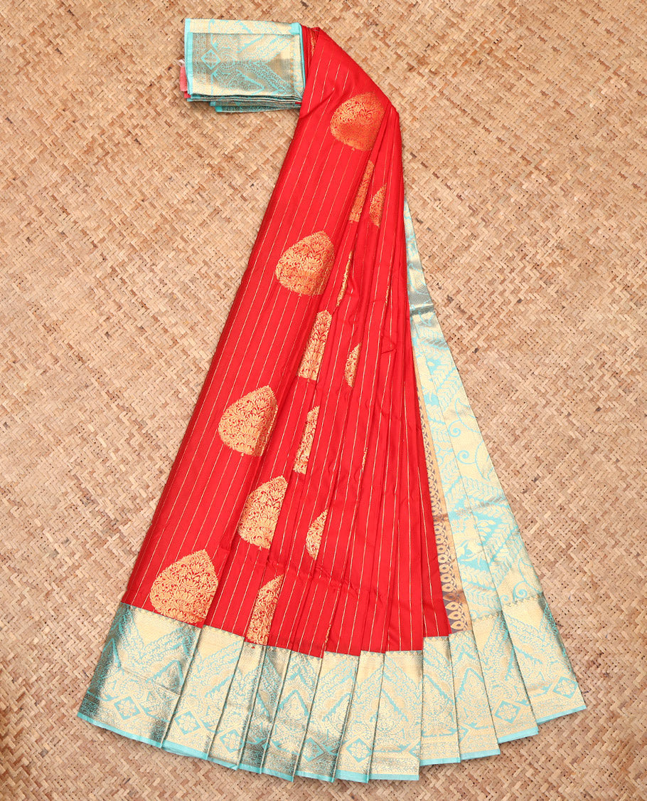 Red Budget Silk Saree, Gleamed Up with Zari Buttas and Stripes, Complemented by a Contrast Traditional Border, Grand Pallu, and a Contrast Blouse