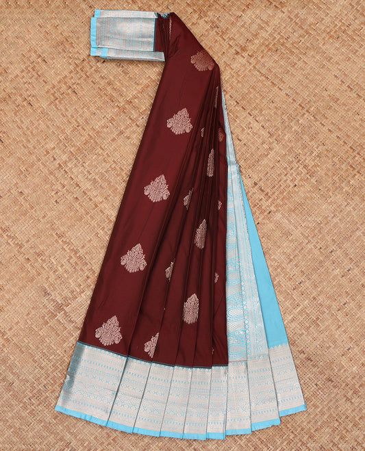 Maroon Budget Silk Saree, Bedecked with Zari Buttas, Complemented by a Contrast Traditional Zari Border, Grand Pallu, and a Contrast Blouse