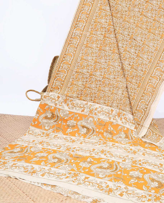 Orange intricately machine-printed kalamkari cotton saree, self-border & contrast pallu of floral print