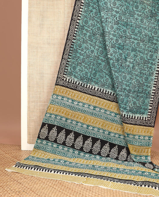 Green warli motifs printed mul mul cotton saree, contrast chakra block printed border & pallu of floral & geometric block print