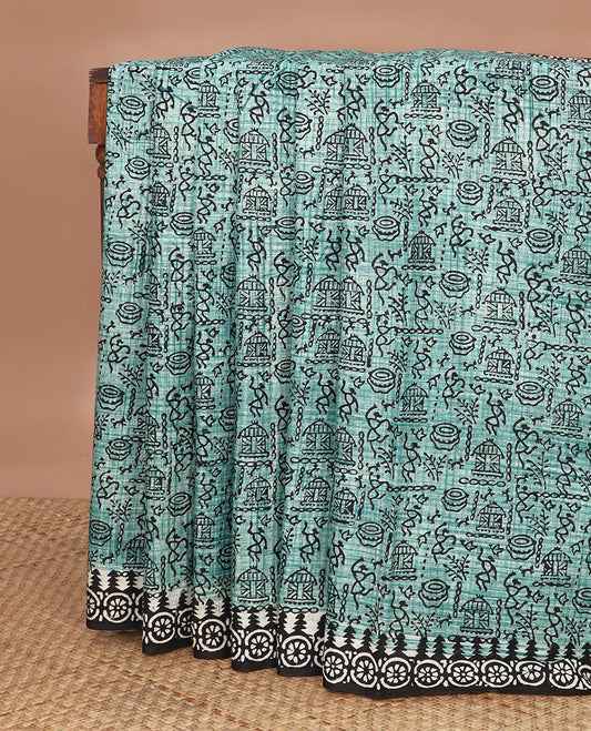 Green warli motifs printed mul mul cotton saree, contrast chakra block printed border & pallu of floral & geometric block print