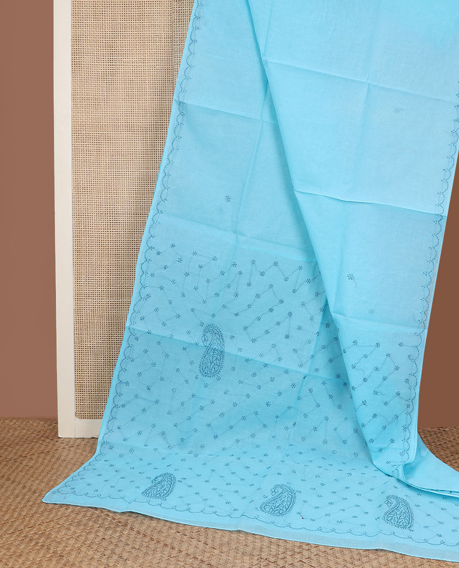 Blue floral motifs thread embroidered Lucknowi chikankari saree, scallop thread border & floral & paisley motifs embroidered pallu