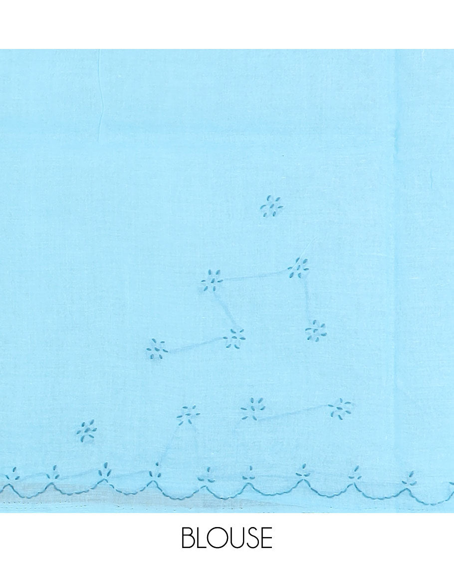 Blue floral motifs thread embroidered Lucknowi chikankari saree, scallop thread border & floral & paisley motifs embroidered pallu