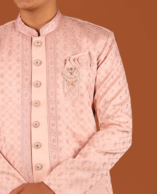 Pink Geometric-Themed Sequins Embroidered Full-Sleeved Men's Kurta Comes with Matching Pants