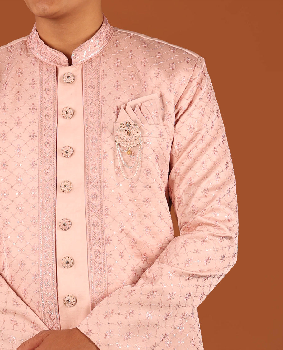 Pink Geometric-Themed Sequins Embroidered Full-Sleeved Men's Kurta Comes with Matching Pants