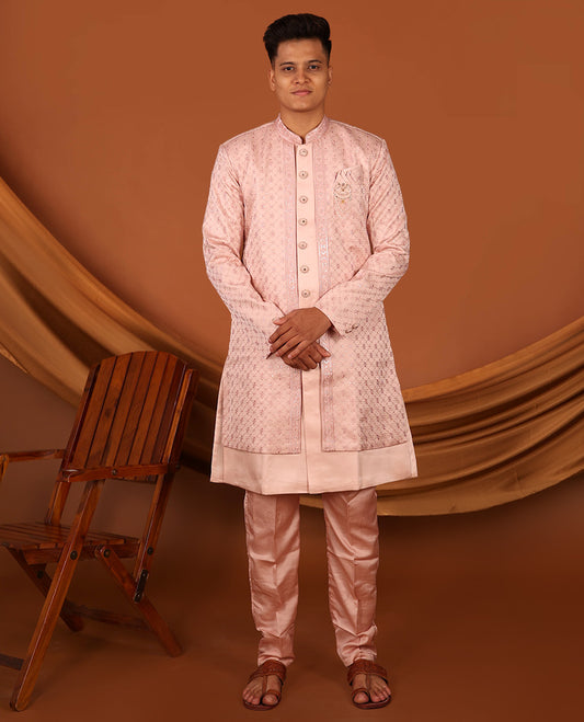 Pink Geometric-Themed Sequins Embroidered Full-Sleeved Men's Kurta Comes with Matching Pants