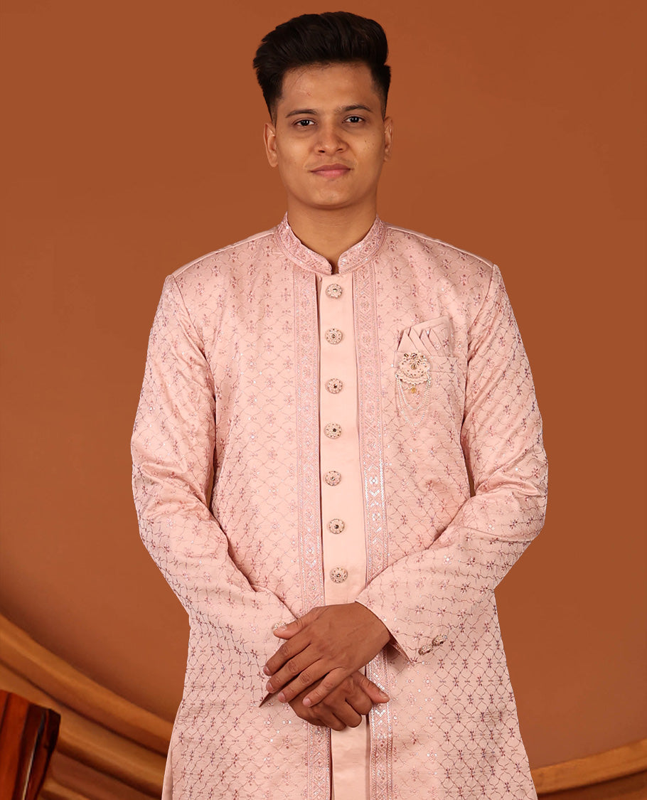 Pink Geometric-Themed Sequins Embroidered Full-Sleeved Men's Kurta Comes with Matching Pants