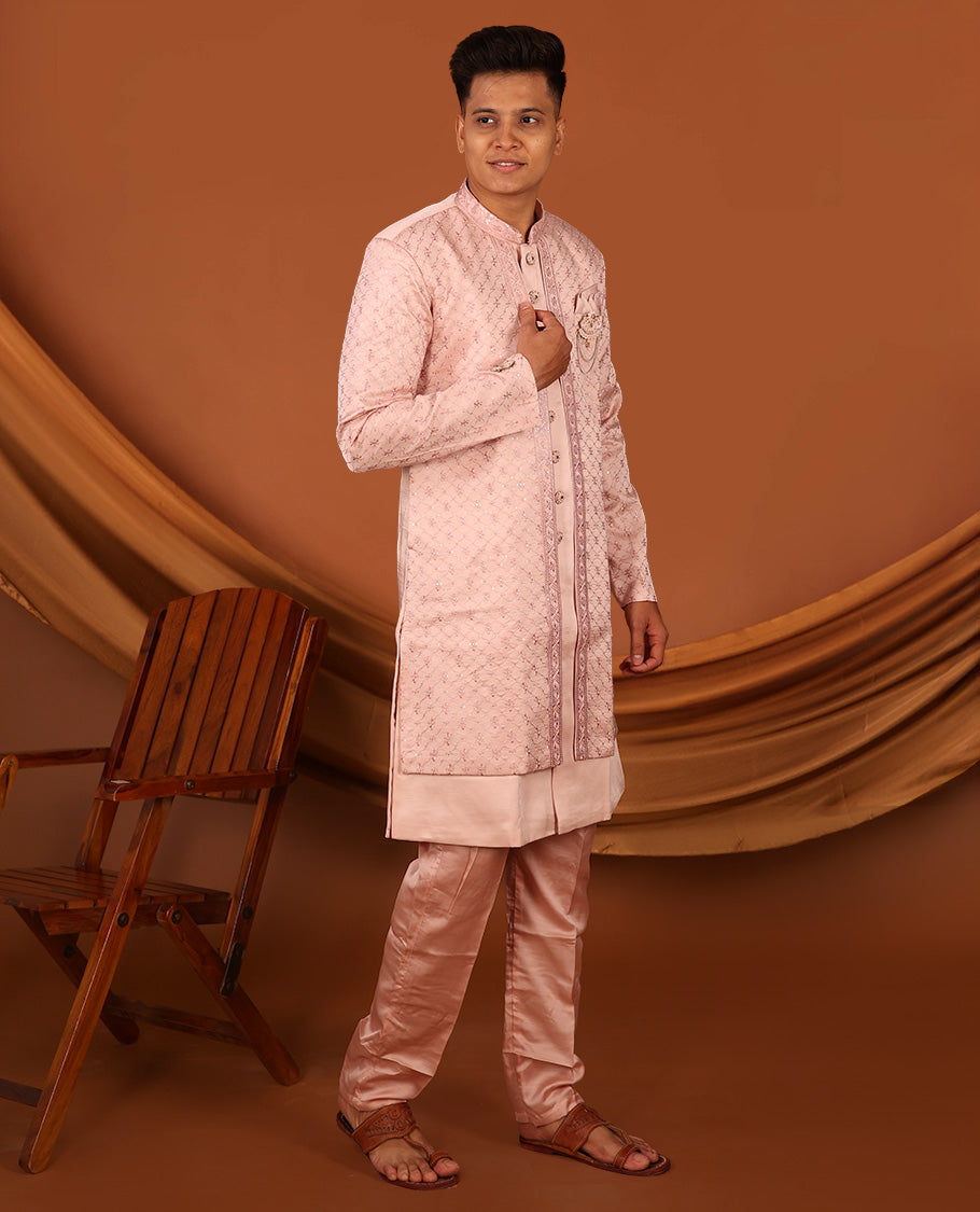 Pink Geometric-Themed Sequins Embroidered Full-Sleeved Men's Kurta Comes with Matching Pants