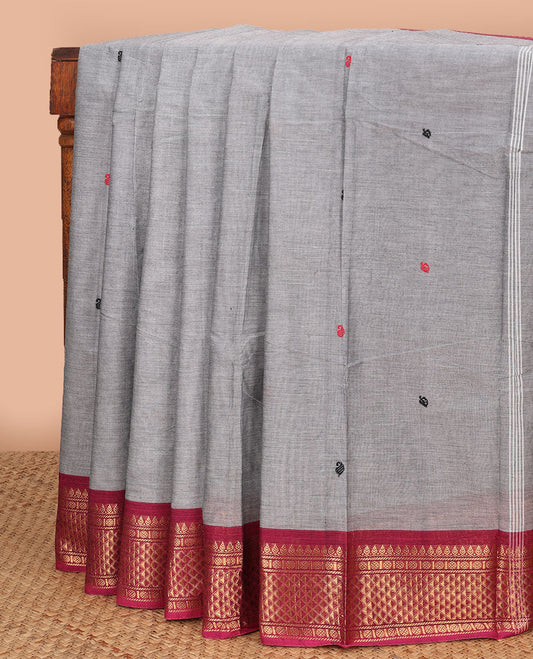 Grey leaf motifs chettinad cotton saree with contrast zari design border & striped, leaf motifs pallu