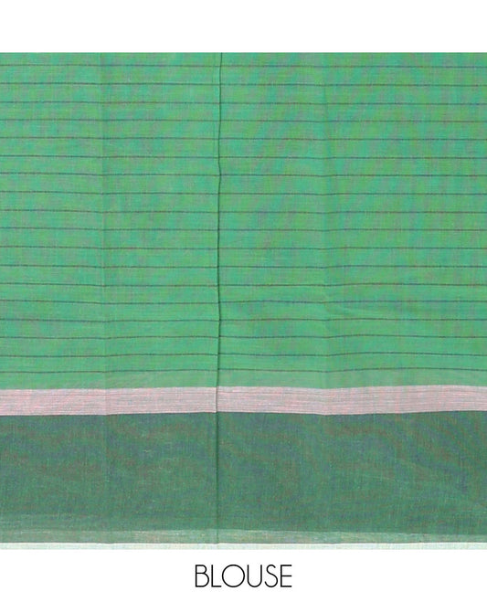 Green checked chirala cotton saree, contrast striped border & striped pallu