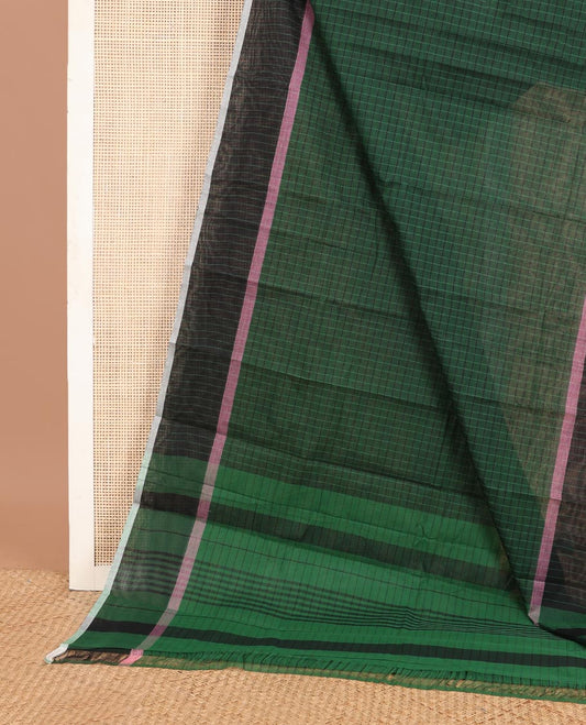 Green checked chirala cotton saree, contrast striped border & striped pallu
