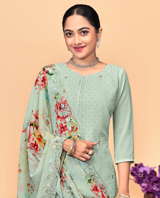 Green churidar material set, thread embroidered with stone work top, matching bottom, and scallop floral print with thread embroidered dupatta