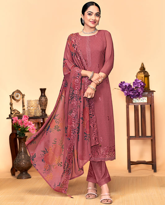 Terracotta red churidar material set, thread embroidered with stone work top, matching bottom, and floral print with thread embroidered scallop dupatta