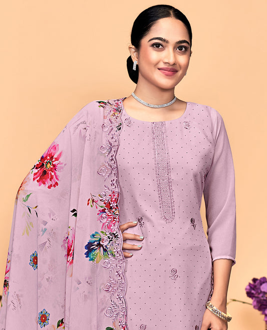 Lavender churidar material set, thread embroidered with stone work top, matching bottom, and floral print with thread embroidered scallop dupatta