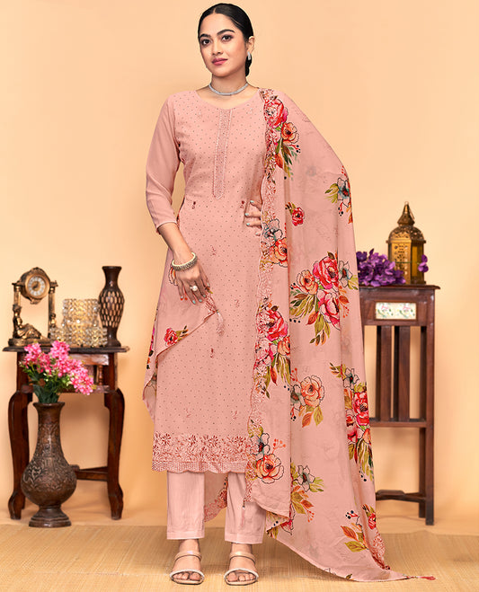 Peach churidar material set, thread embroidered with stone work top, matching bottom, and floral print with thread embroidered scallop dupatta