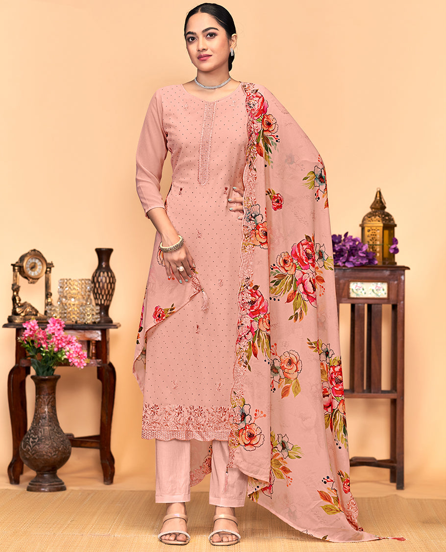 Peach churidar material set, thread embroidered with stone work top, matching bottom, and floral print with thread embroidered scallop dupatta