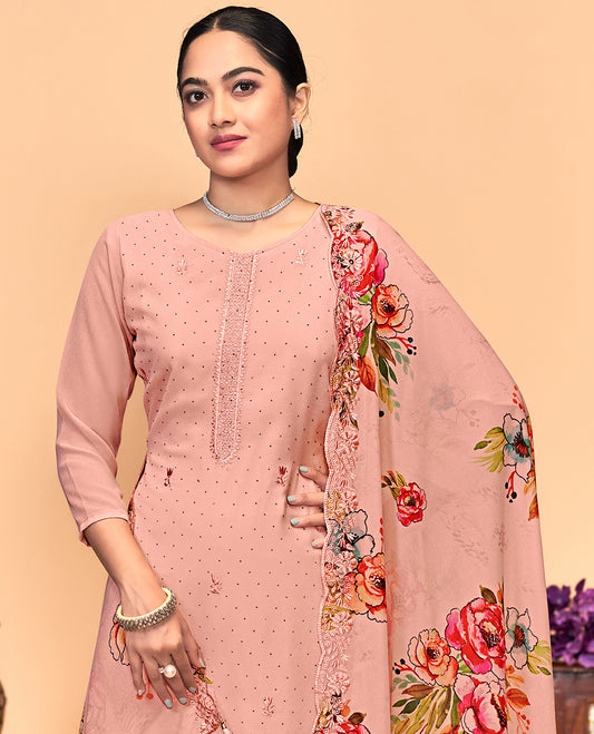 Peach churidar material set, thread embroidered with stone work top, matching bottom, and floral print with thread embroidered scallop dupatta