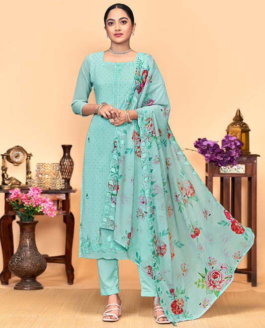 Blue churidar material set, thread embroidered with stone work top, matching bottom, and floral print with thread embroidered scallop dupatta