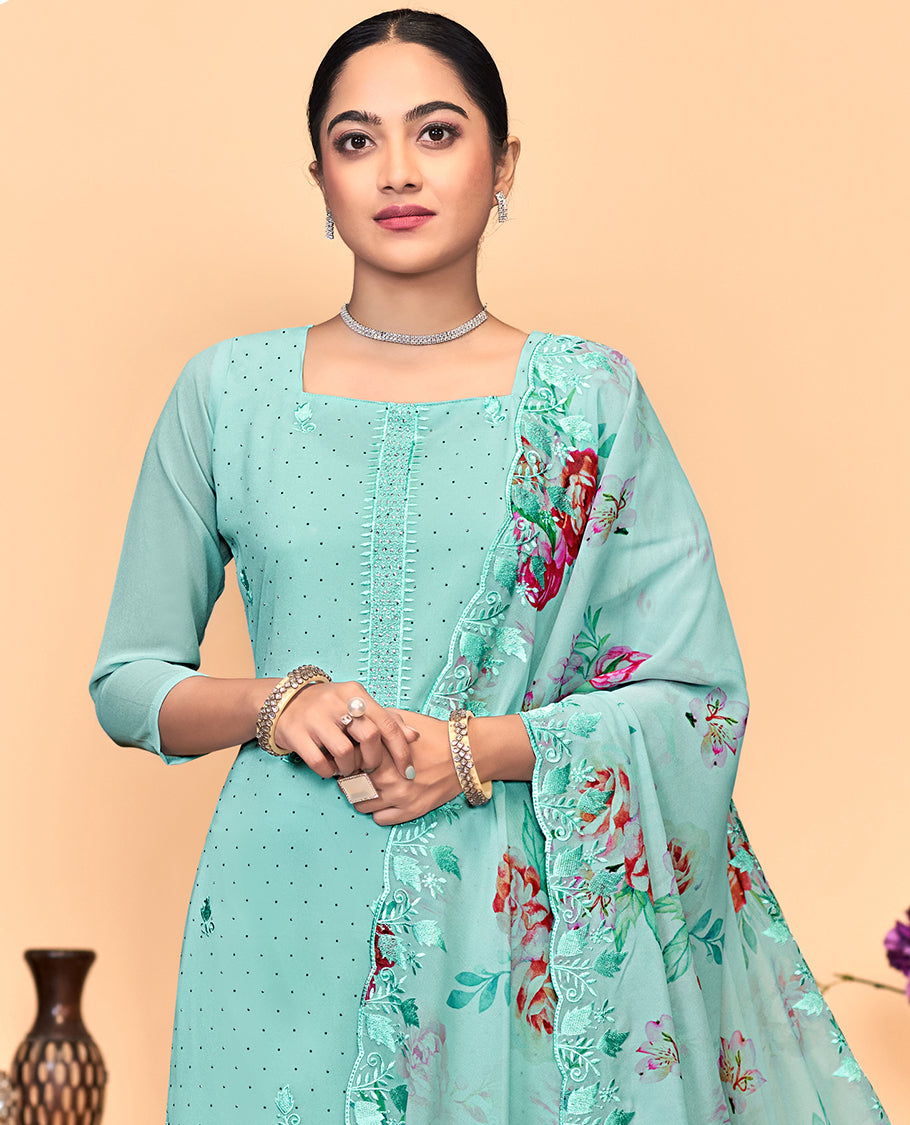 Blue churidar material set, thread embroidered with stone work top, matching bottom, and floral print with thread embroidered scallop dupatta