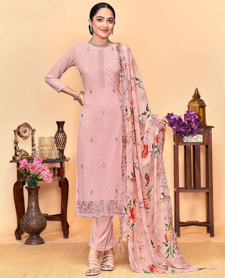 Onion pink churidar material set, thread embroidered with stone work top, matching bottom, and floral print with thread embroidered scallop dupatta