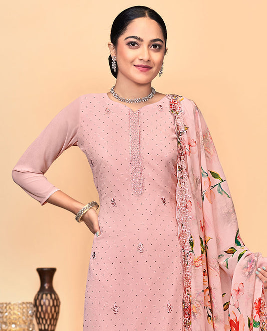 Onion pink churidar material set, thread embroidered with stone work top, matching bottom, and floral print with thread embroidered scallop dupatta