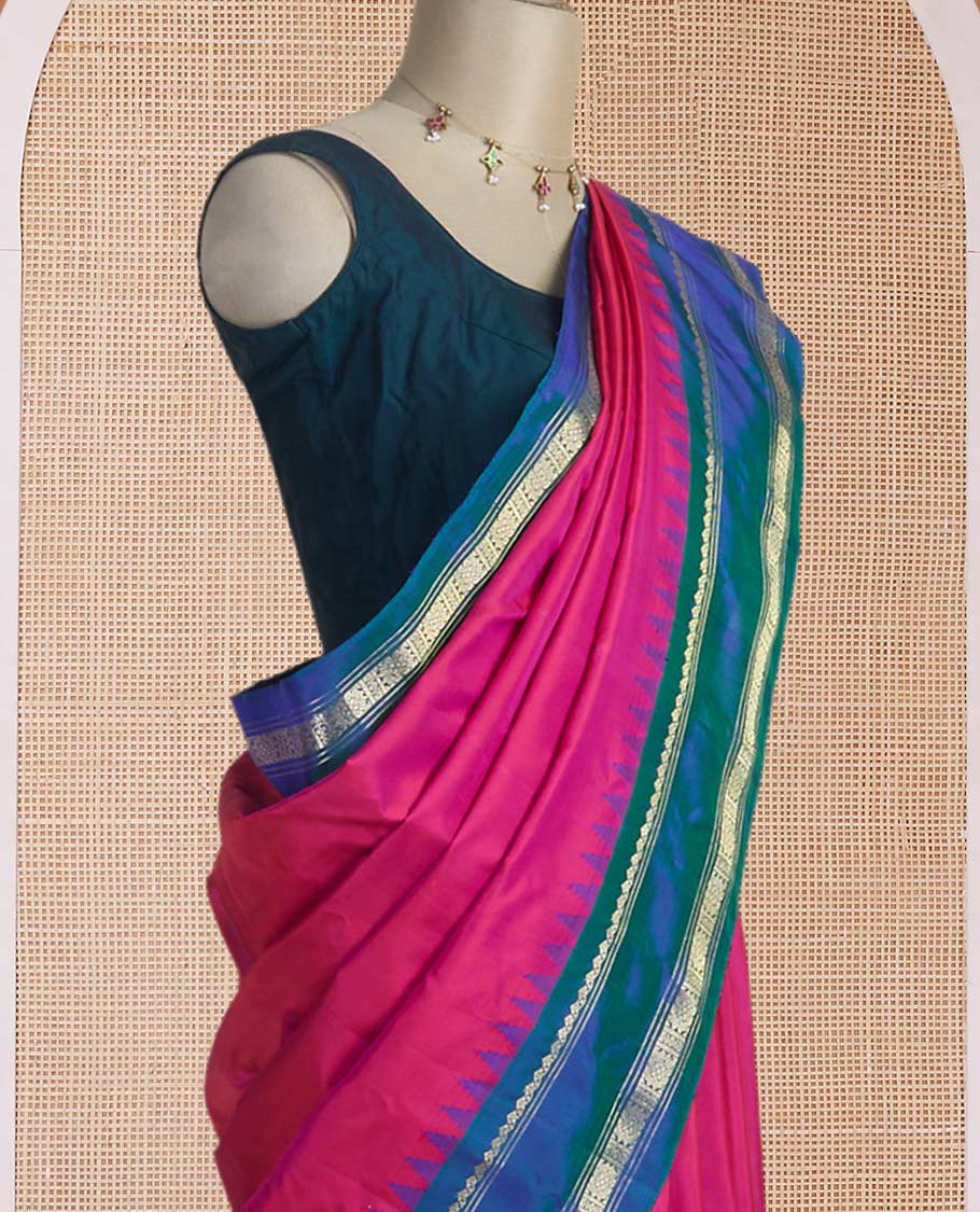 Pink plain design gadwal silk saree, contrast rettai pettu traditional zari design border & pallu of chakram designs