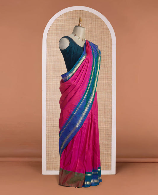 Pink plain design gadwal silk saree, contrast rettai pettu traditional zari design border & pallu of chakram designs