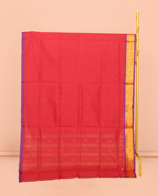 Red Venkatagiri Cotton Saree Steeped with Buttas, a Contrast Zari-Thread Border, Pallu of Stripes, and No Blouse