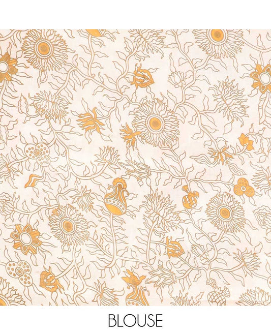 Orange intricately machine-printed kalamkari cotton saree, self-border & contrast pallu of floral print