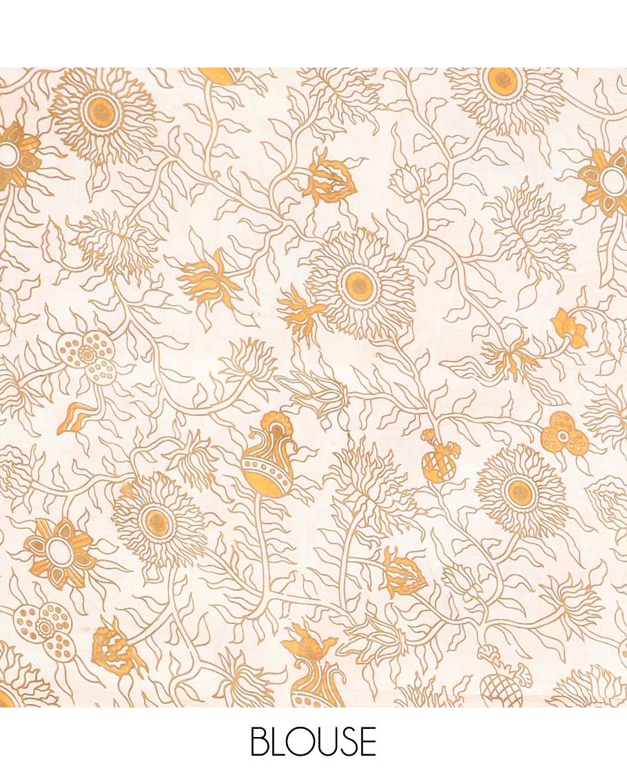 Orange intricately machine-printed kalamkari cotton saree, self-border & contrast pallu of floral print
